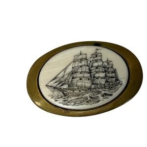 Vintage Solid Brass Scrimshaw Sailing Ship Buckle Nautical Clipper Galleon 1970s